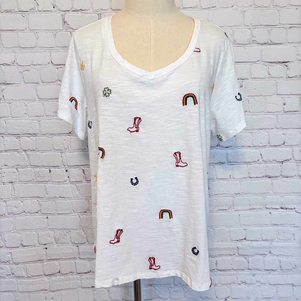LUCKY BRAND Cowgirl Short Sleeve Embroidered Cotton T-Shirt--1X - Picture 4 of 13